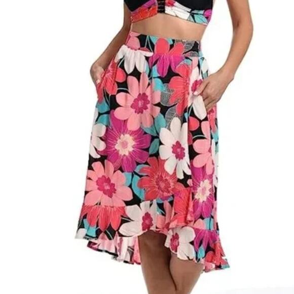 La Blanca Midi Cover Up Skirt Womens Large Pink Full Bloom Floral Ruffled Hem - Picture 1 of 7